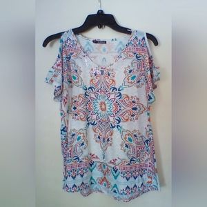 Woman/Junior -Open Shoulder Printed Rhinestone Blouse- Sm/Med
